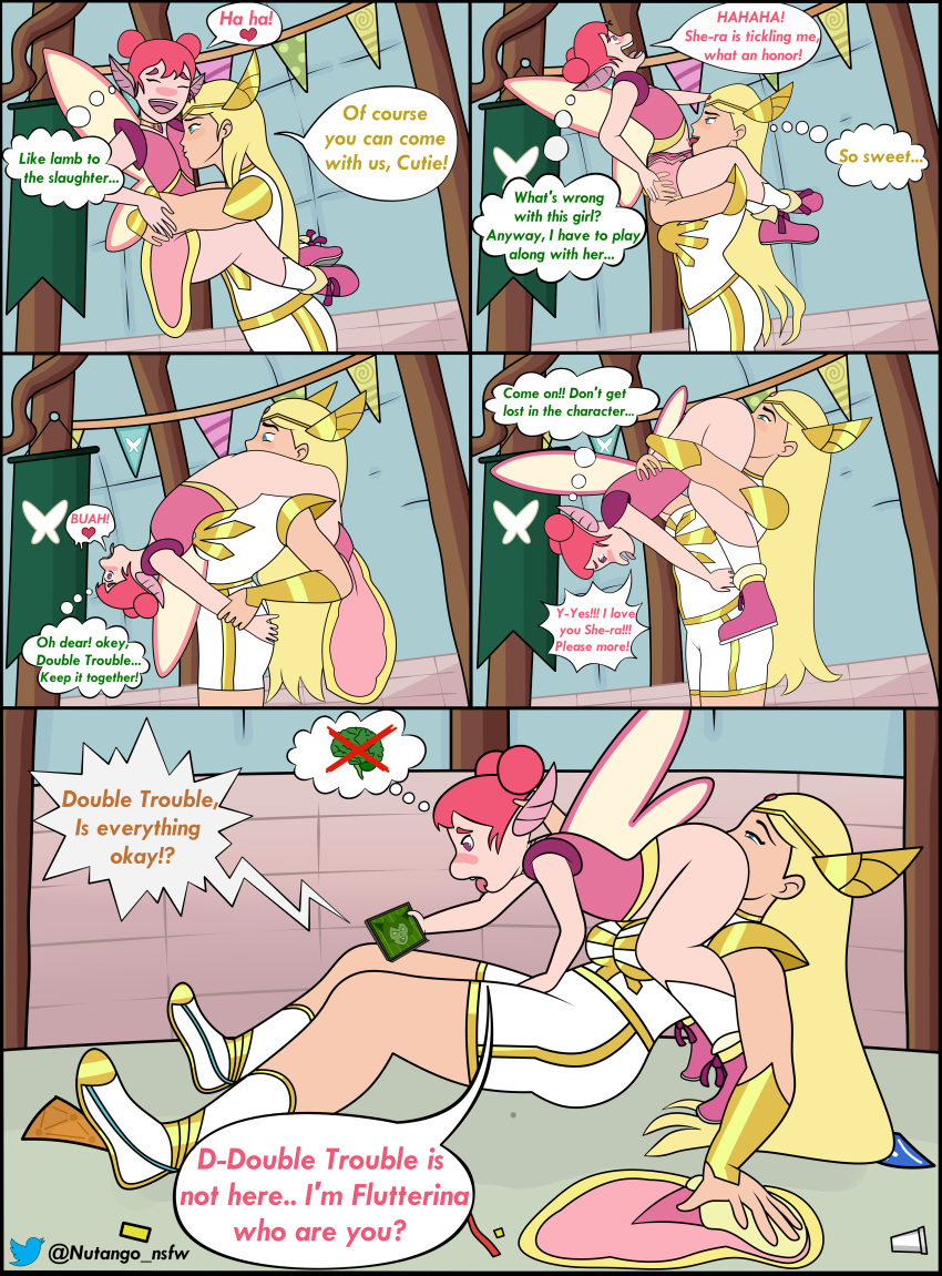 1girls 1other 69 adora armor ass bottomless comic cunnilingus double_trouble elberon english_text female flutterina interspecies kissing larger_female licking long_hair mind_break nutango she-ra she-ra_and_the_princesses_of_power size_difference speech_bubble tagme text tiara wings yuri