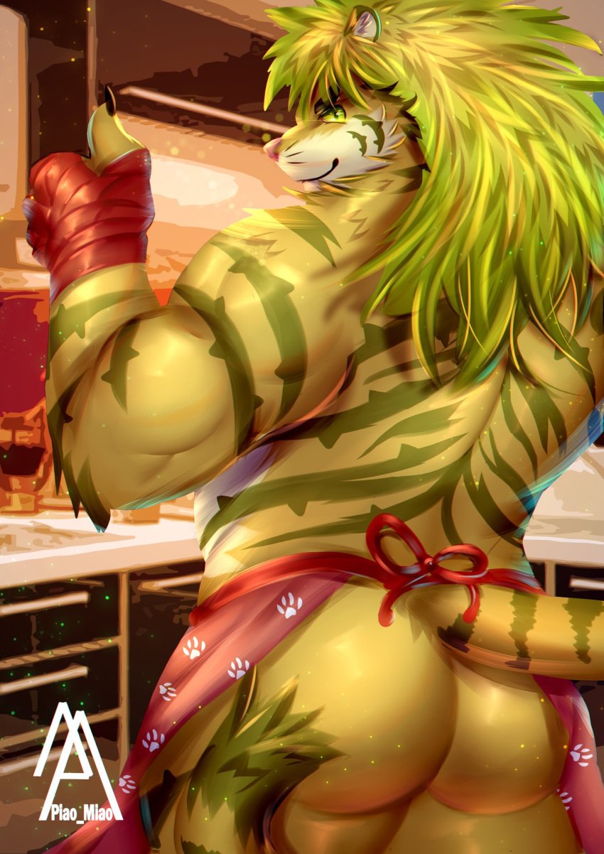 apron apron_only ass clothing felid furry furry_only hi_res kitchen looking_at_viewer looking_back macan_(tokyo_afterschool_summoners) magan male male_only mammal miao_piao mostly_nude muscular muscular_male no_humans pantherine tiger tokyo_afterschool_summoners video_games yaoi