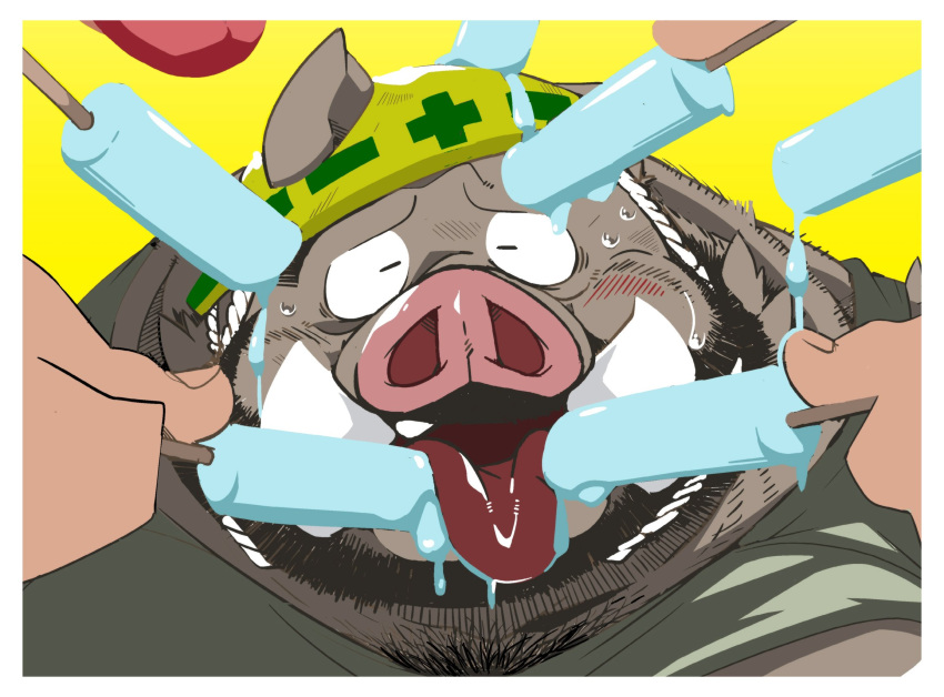 2019 anthro armor beard blush closed_eyes clothing facial_hair food group hat headgear headwear helmet hi_res innuendo male male_only mammal overweight overweight_male penis popsicle simple_background solo_focus suid suina sus_(pig) taro_heppoko tongue tongue_out wild_boar