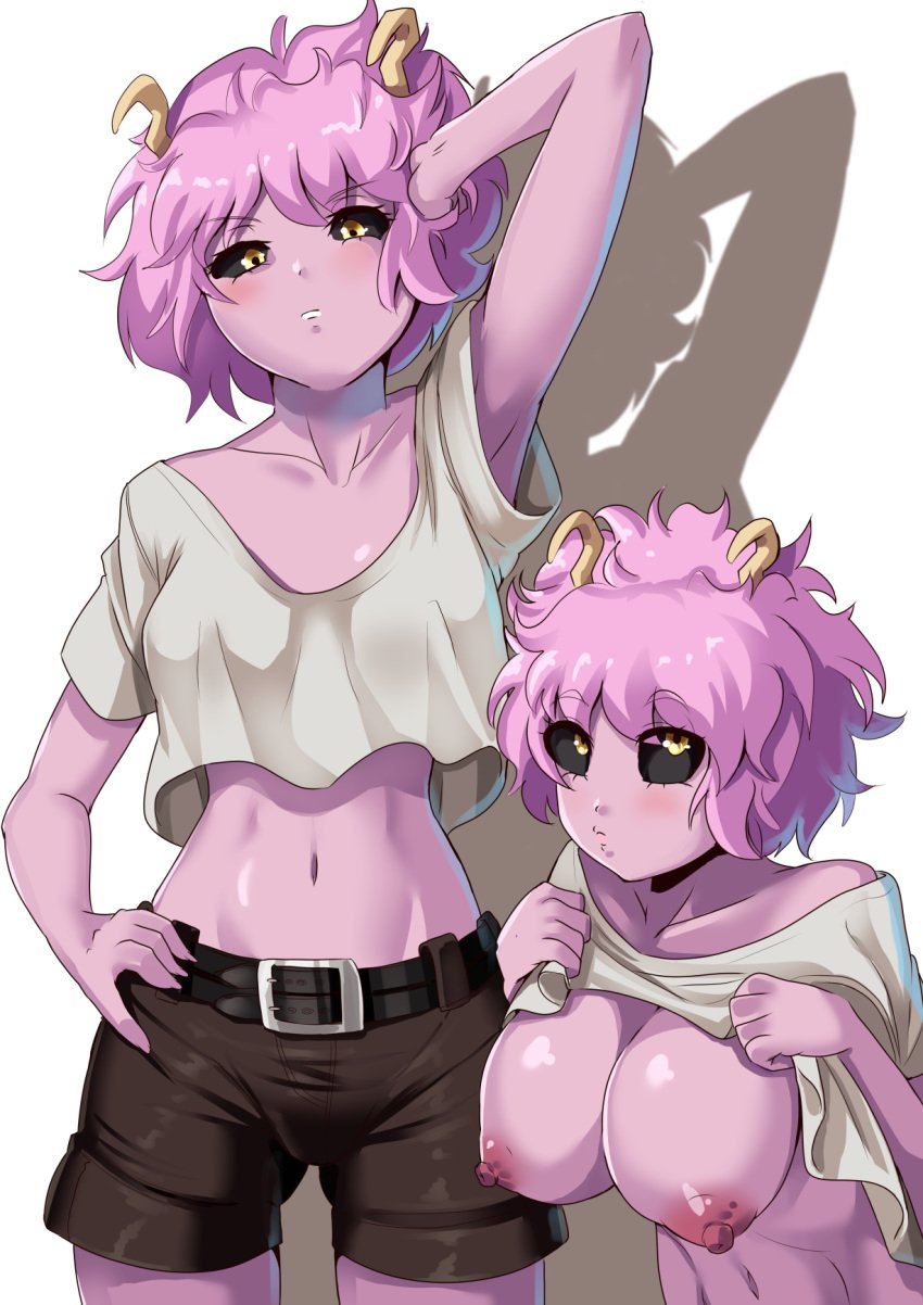 1girls 2d abs arm_up armpits belt black_sclera blush breasts breasts_out female female_only full_color fully_clothed hand_on_hip highres horns large_breasts looking_at_viewer loose_shirt midriff mina_ashido multiple_views my_hero_academia navel nico-mo nipples no_bra no_penetration pink_hair pink_skin pose shirt shirt_lift short_hair short_shorts shorts shounen_jump simple_background solo solo_female white_background yellow_eyes