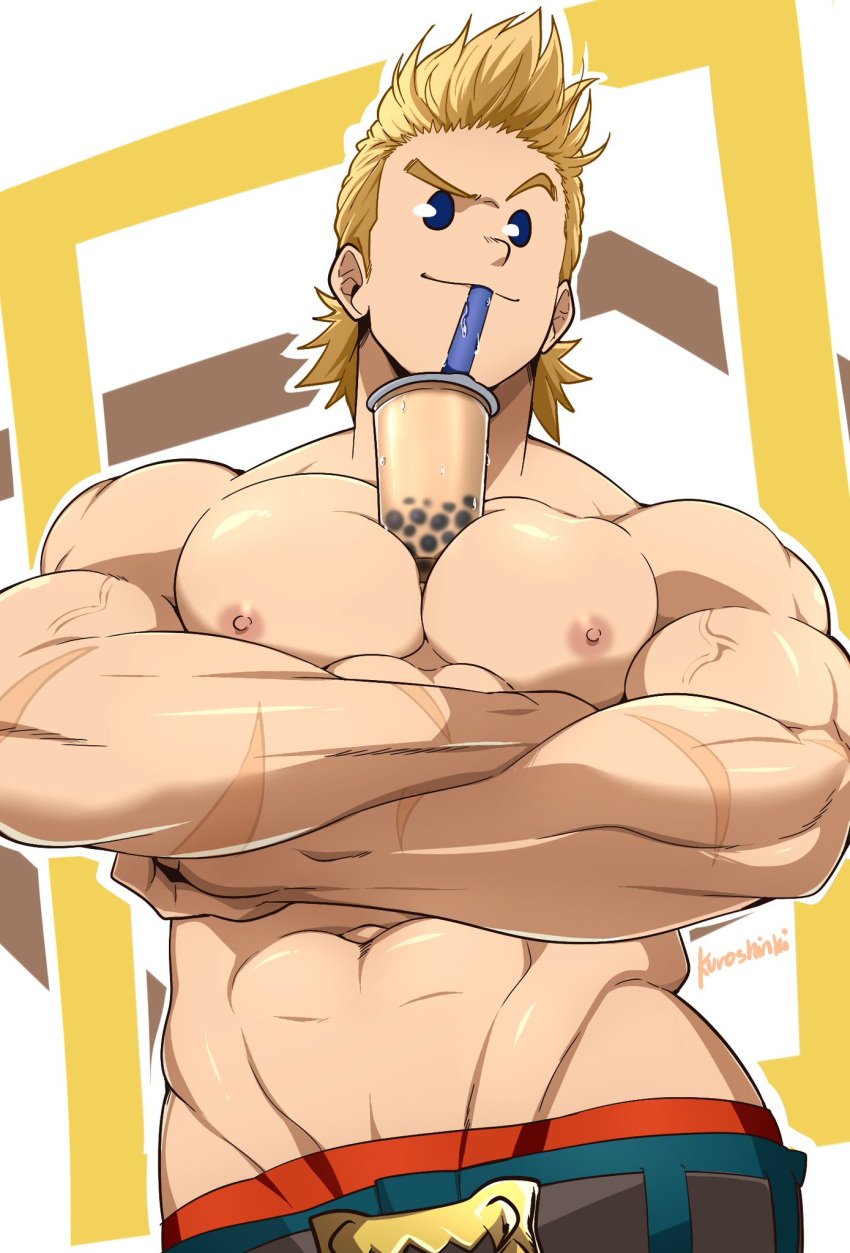 abs arms_crossed arms_crossed_under_pecs bara between_breasts blonde_hair blue_eyes bubble_tea_challenge built kuroshinki male male_focus male_only mirio_togata muscles my_hero_academia nipples pecs raised_eyebrows scar smirk underwear veiny_muscles yaoi