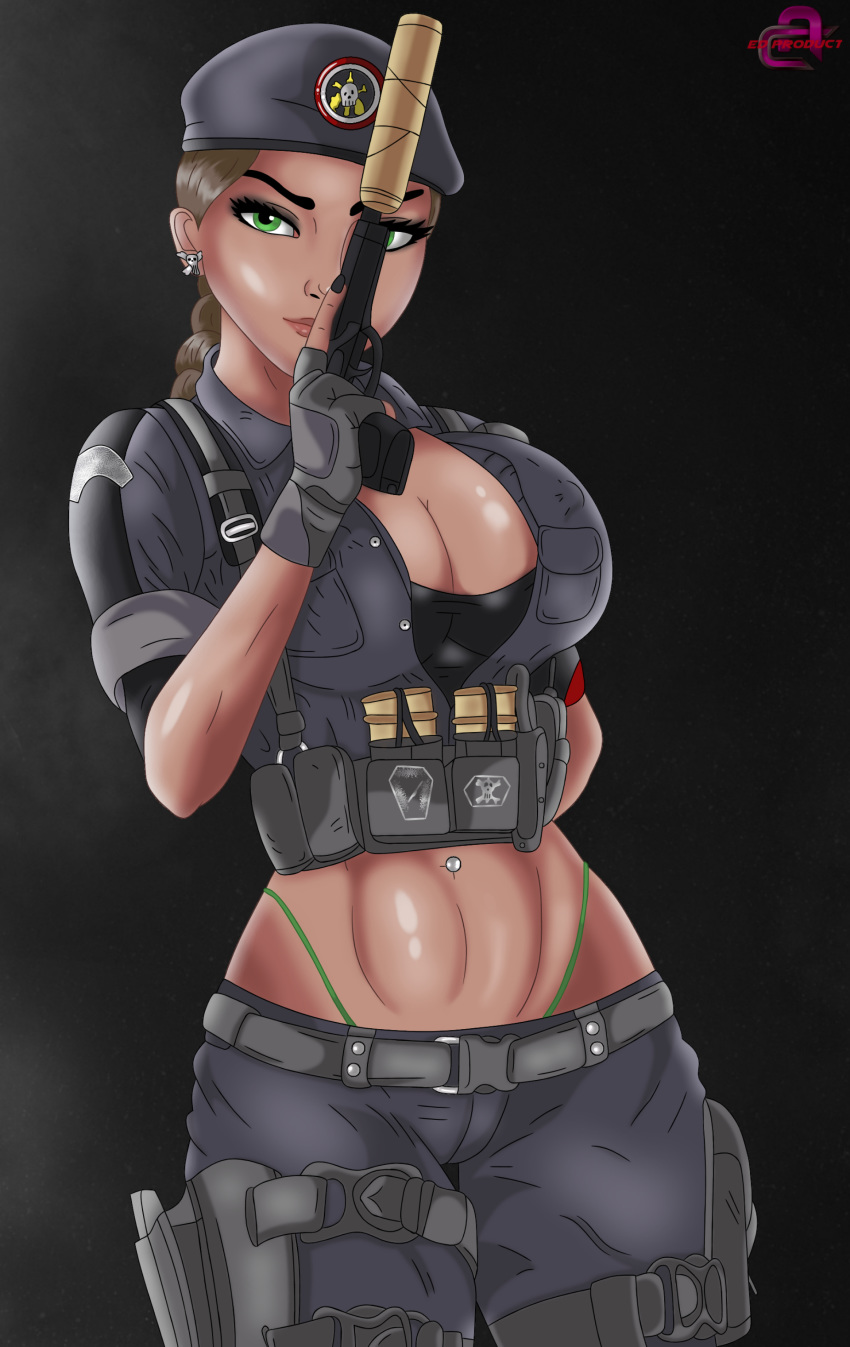 1girls big_breasts brazilian brazilian_female brown_hair caveira_(rainbow_six) cleavage dark-skinned_female dark_skin ed_product erect_nipples erect_nipples_under_clothes female green_eyes gun highleg_panties midriff panty_straps rainbow_six rainbow_six_siege thong tom_clancy