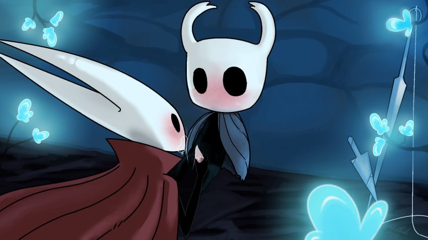 16:9 after_sex ambiguous_gender arthropod bodily_fluids cape cloak cum duo empty_eyes fellatio genital_fluids hi_res hollow_knight hornet_(hollow_knight) hymenopteran incest insects male melee_weapon mrmick oral penile penis protagonist_(hollow_knight) red_cape saliva saliva_string sex siblings sweat sword tapering_penis vessel_(species) wasp weapon