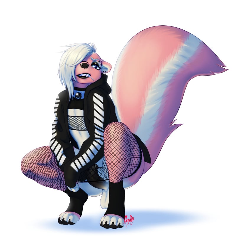 anthro balls clothed clothing crobat_(artist) crossdressing crouching erection femboy fishnet girly hi_res humanoid_penis looking_at_viewer makeup male mammal mephitid penis skunk solo streetwear