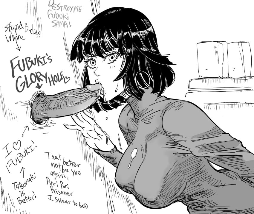 bathroom bathroom_stall bb_(baalbuddy) big_breasts black_hair blowjob breasts busty character_name cum cum_in_mouth cum_on_clothes cum_on_face cum_on_hand earrings fellatio fubuki_(one-punch_man) glory_hole looking_at_viewer monochrome one-punch_man penis semen short_hair sketch skimpy toilet toilet_paper turtleneck turtleneck_sweater veiny_penis wall writing writing_on_wall