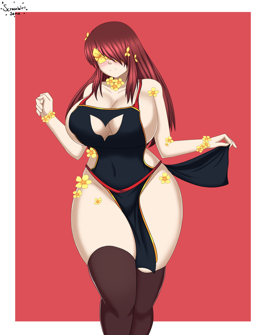 1girls 2d areola_slip areolae cleavage cleavage_cutout commission curvaceous curvy fae-sama female female_only flower flowerfell frisk huge_breasts human human_female human_only large_breasts pinup red_hair simple_background skirt skirt_lift solo solo_focus thick_thighs thighhighs underfell undertale undertale_(series) undertale_fanfiction voluptuous