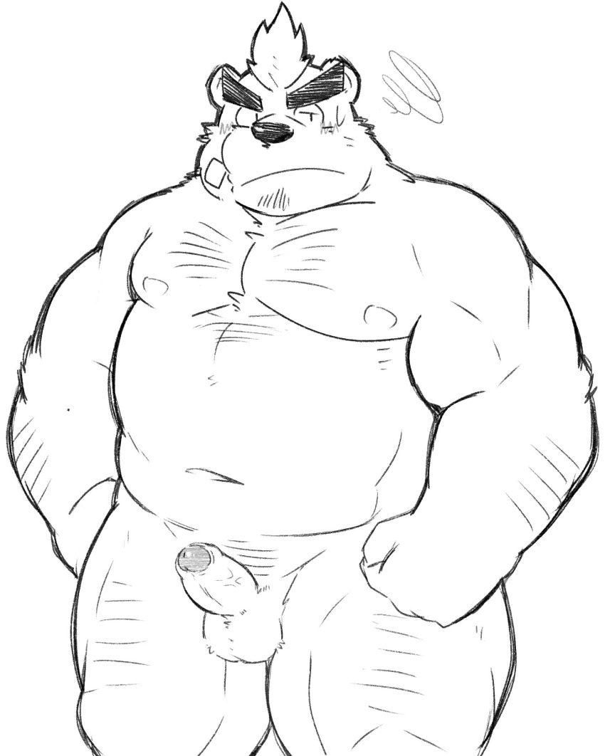 2019 anthro arm_hair ashigara balls biceps biped body_hair chest_hair eyebrows goujuyu hair hi_res line_art male male_only mammal mohawk muscular muscular_male navel nipples penis pubes standing thick_eyebrows tokyo_afterschool_summoners ursid video_games