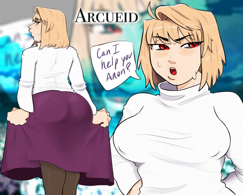 ahoge alternate_breast_size alternate_version_available arcueid_brunestud ass big_ass big_breasts big_lips blush breasts breasts_bigger_than_head bubble_butt curvy dialogue english_text healfrfr huge_ass huge_boobs huge_breasts large_ass large_boobs large_breasts melty_blood presenting_hindquarters short_hair skirt sweatdrop sweater sweating sweaty thick_ass thick_lips tsukihime turtleneck_sweater vampire vampire_girl