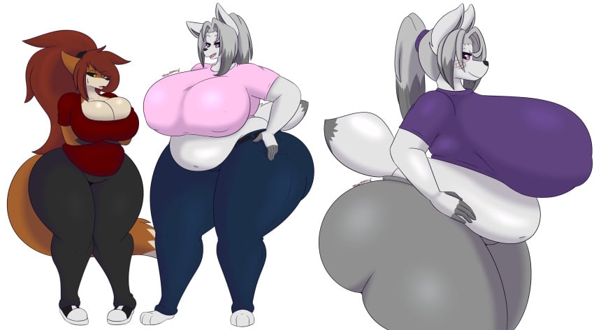 2022 2girls 5_fingers anthro arctic_fox ass bbw belly belly_overhang big_ass big_belly big_breasts big_butt black_sclera bottomwear breasts bubble_butt canid canine chubby cleavage clothed clothing dewwydarts dewwydartz female fingerless_(marking) fingers fox fur furry grey_bottomwear grey_clothing grey_hair grey_pants hair hi_res huge_ass huge_breasts huge_butt huge_thighs hyper hyper_breasts hyper_butt maddie(dewwydartz) mammal mary_(dewwydarts) mary_(dewwydartz) nipple_outline overweight overweight_female pants purple_clothing purple_eyes purple_shirt purple_topwear shirt side_view simple_background slightly_chubby slightly_chubby_anthro slightly_chubby_female standing tagme thick_thighs topwear true_fox white_background white_body white_fur wide_hips