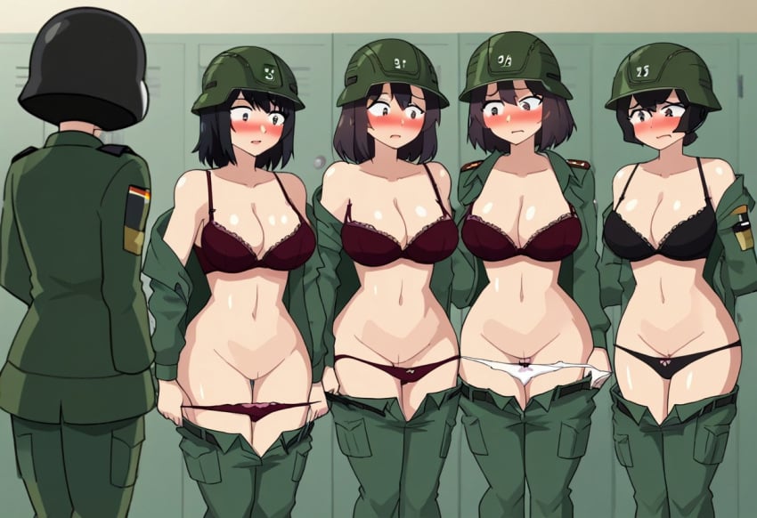 5girls ai_generated bare_shoulders bottomless bra breasts brown_hair cleavage collarbone curvy embarrassed fatigues female_soldier gastkeser82 green_eyes green_pants groin helmet humiliated humiliation in_trouble j5daigada_(art_style) lace-trimmed_bra lace-trimmed_panties locker locker_room lockers military military_uniform multiple_girls navel open_mouth open_pants original panties pants pants_pull panty_pull punishment short_hair stomach taking_clothes_off underwear undressing wide_hips