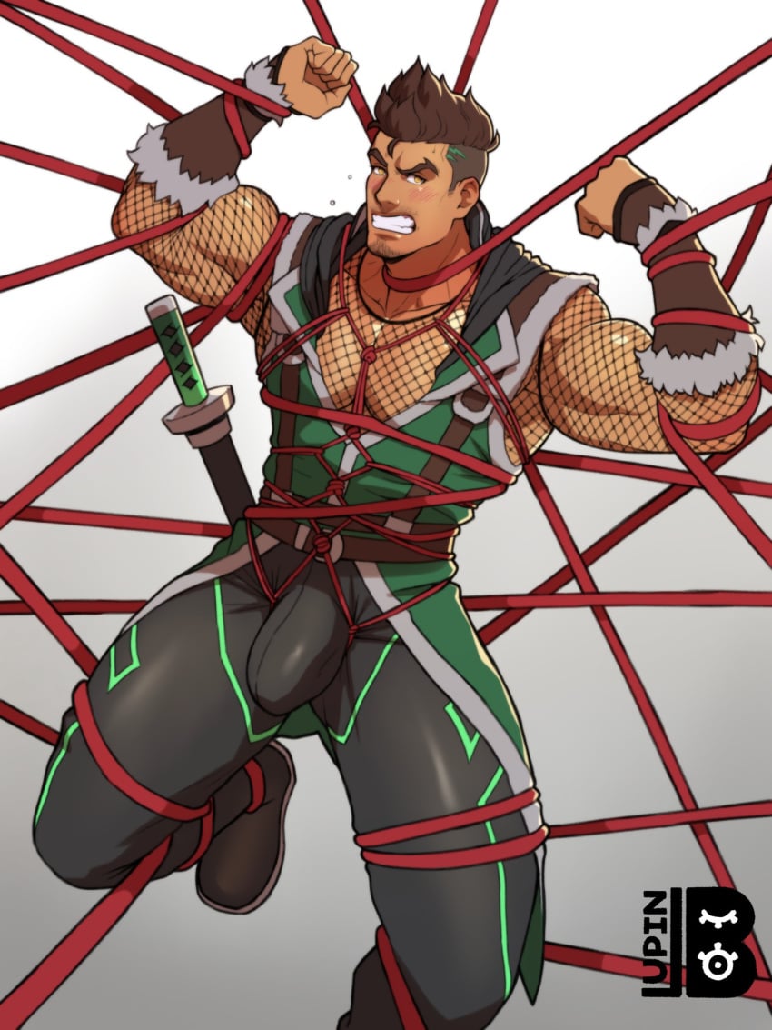 1boy armor bara belts biceps blush boots bound bulge bulge_through_clothing chin_tuft clenched_teeth clothed clothing enzo flexing flexing_arms fully_clothed fur gauntlets gay looking_at_viewer lupin_barnabi male male_only muscles muscular muscular_male original_character penis_bulge red_rope skinsuit solo solo_male suspended suspended_in_midair suspenders sword tied_up white_background