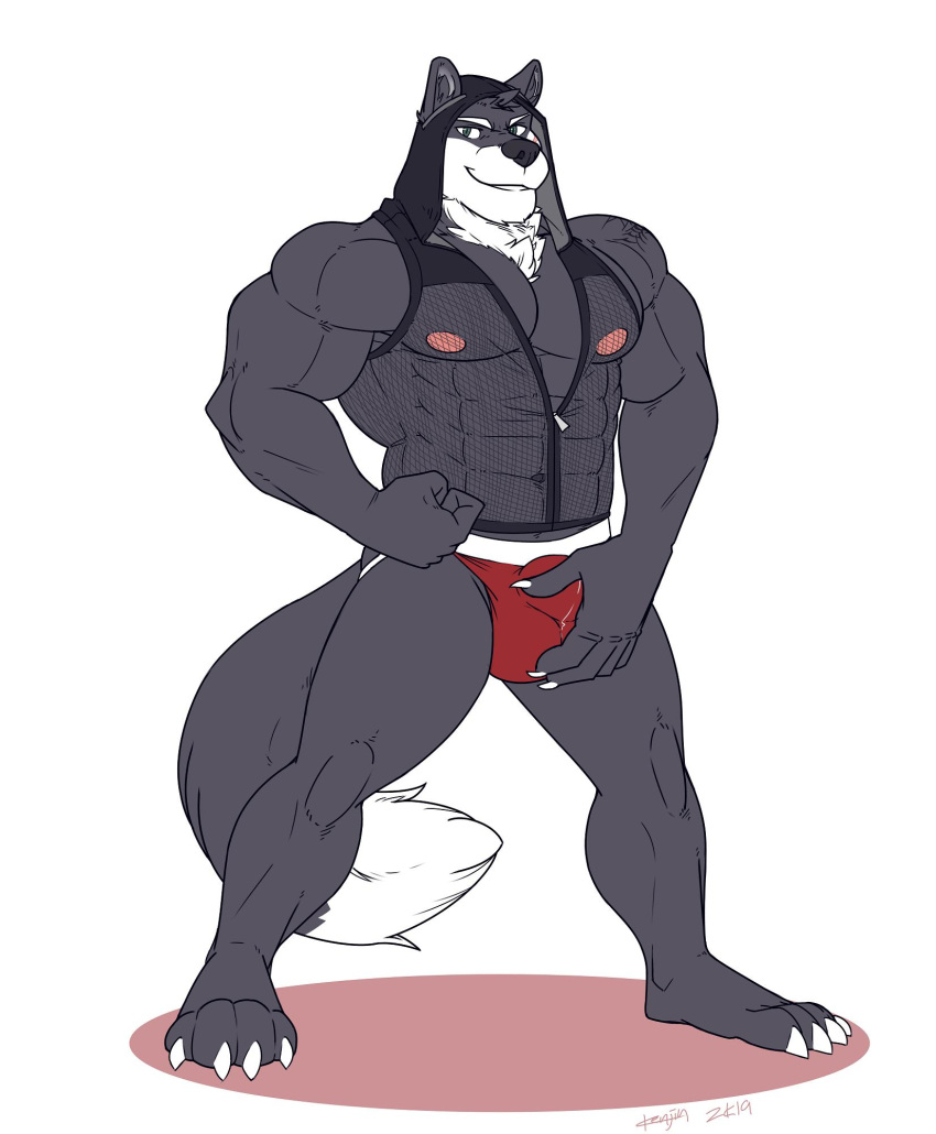 anthro bodily_fluids bulge canid canine canis clothed clothing genital_fluids hi_res jockstrap kenjin looking_at_viewer male male_only mammal muscular muscular_male precum precum_through_clothing skimpy smile solo standing underwear wet wet_clothing wolf