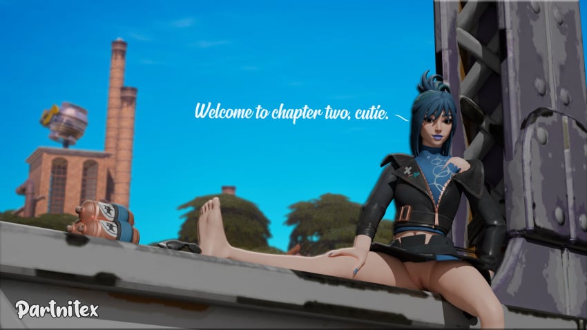 blue_hair bridge clothes clothing female female female_only fortnite fortnite:_battle_royale fortnite:_chapter_2_remix hope_(fortnite) nude nude_female open_eyes outside partnitex pussy solo text vagina without_panties