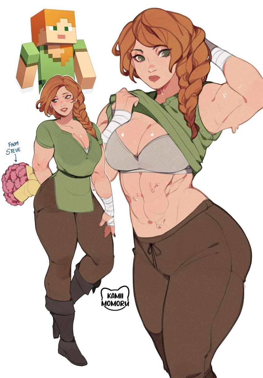 1girls abs alex_(minecraft) artist_name artist_signature average_breasts bare_midriff blush blush blush_lines bra braid braided_hair breasts cleavage curvaceous curvy curvy_female curvy_figure exposed_midriff female female_focus female_only green_eyes hi_res high_resolution highres kamii_momoru light-skinned_female light_skin long_hair medium_breasts minecraft multiple_images muscular muscular_arms muscular_female orange_hair shirt_lift shirt_up simple_background smile smiling solo solo_female solo_focus sweat sweatdrop sweating sweaty sweaty_body tagme toned toned_arms toned_body toned_female toned_stomach voluptuous voluptuous_female white_background white_hair