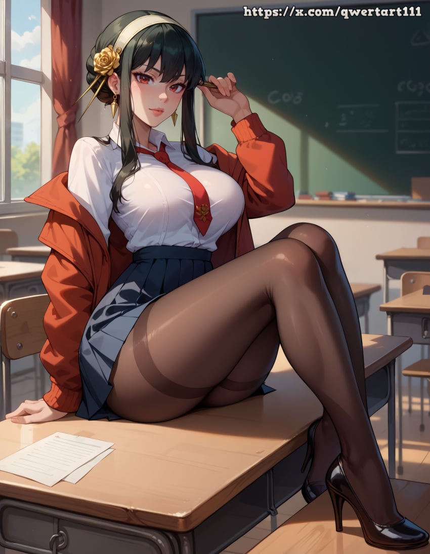 1girls ai_generated bangs black_hair black_heels black_pantyhose blackboard blue_skirt blue_tie chainsaw_man classroom curvy desk female fit fit_female heels high_heels highres hourglass_figure indoors jacket large_breats lips looking_at_viewer narrow_waist on_desk pantyhose pleated_skirt qwertart red_eyes red_jacket school school_uniform schoolgirl shirt sitting slim slim_waist smile solo spy_x_family tagme teeth tie white_shirt wide_hips yor_briar