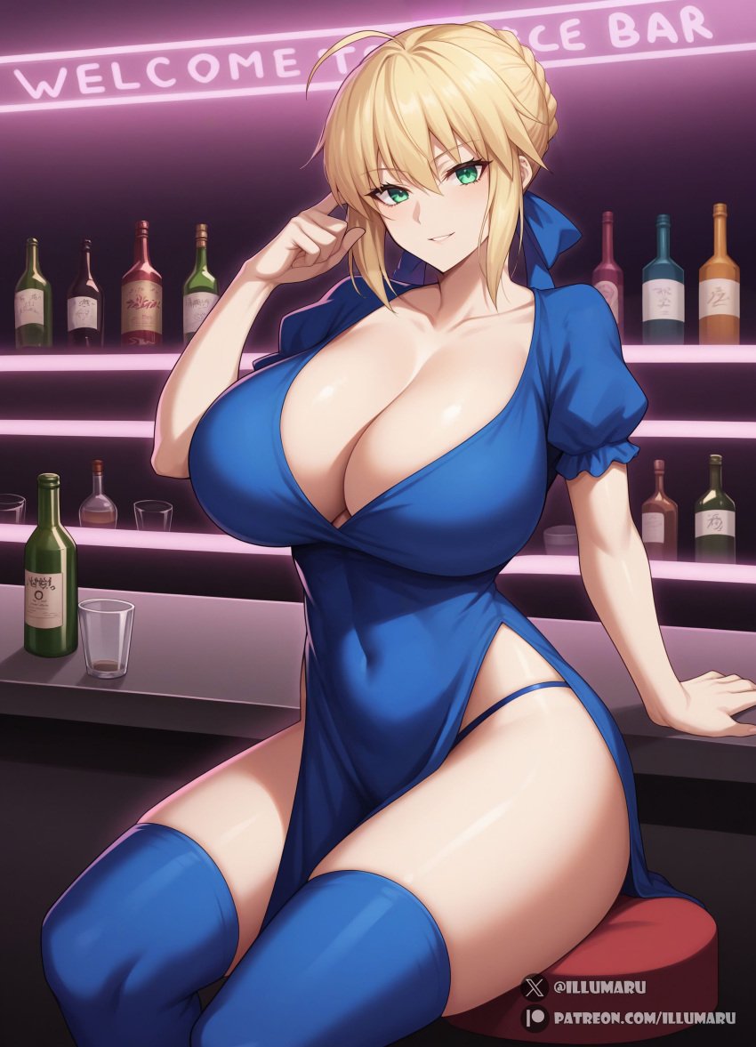 1girls 2025 ai_generated artoria_pendragon artoria_pendragon_(fate) artoria_pendragon_(lancer) artoria_pendragon_(lancer)_(fate) bar blonde_hair blue_thighhighs blush braid cleavage club curvaceous curvy curvy_body curvy_female curvy_figure detailed dress fate/grand_order fate_(series) female female_focus female_only hi_res highleg illumaru large_breasts long_hair narrow_waist nipples patreon_username slim_waist solo stable_diffusion thick_thighs thong voluptuous voluptuous_female wide_hips