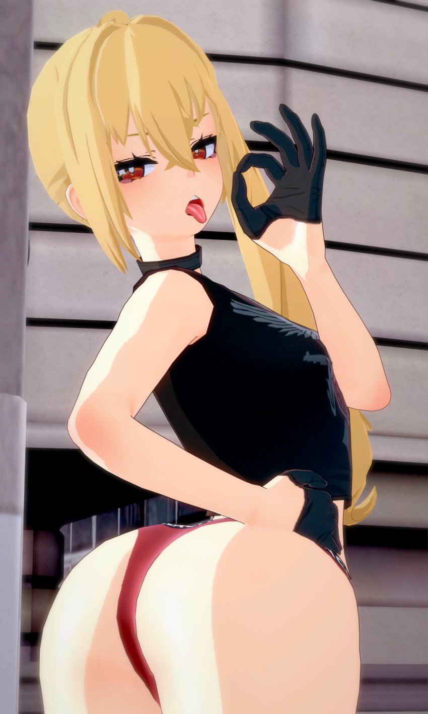 back_view blonde_hair blowjob_gesture choker fat_ass gloves hand_on_hip koikatsu looking_at_viewer luciana_de_montefio red_eyes ribida thick_ass tongue_out zenless_zone_zero