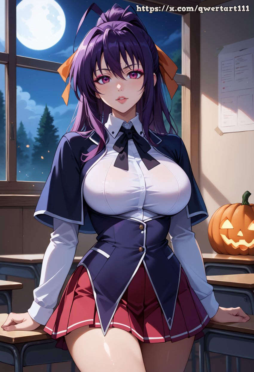 1girls ai_generated akeno_himejima big_breasts black_bow black_capelet blush bow capelet classroom curvy desk eyeshadow female female_only fit fit_female hair_ribbon halloween high_school_dxd highres hourglass_figure indoors lamp large_breasts lips long_sleeves looking_at_viewer narrow_waist night pink_eyeshadow pleated_skirt ponytail pumpkin purple_eyes purple_hair qwertart red_skirt school school_uniform schoolgirl shiny_skin shirt skirt slim slim_waist smile solo standing tagme teeth white_shirt wide_hips window