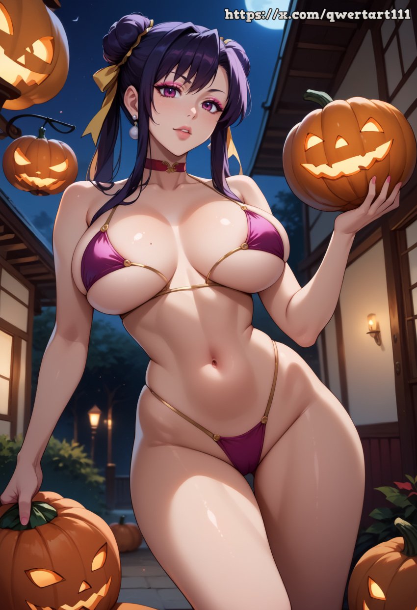 ai_generated akeno_himejima alley bare_thighs big_breasts bikini choker curvy eyeshadow female fit fit_female hair_ribbon halloween halloween_costume high_school_dxd highres hourglass_figure large_breasts looking_at_viewer micro_bikini narrow_waist night outdoors pink_bikini pink_eyeshadow pumpkin purple_eyes purple_hair qwertart shiny_skin slim slim_waist solo tagme wide_hips