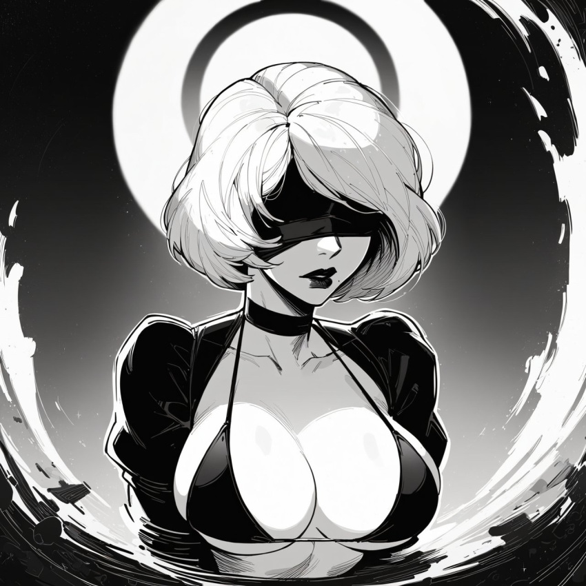 ai_generated cleavage massive_breasts monochrome nier:_automata saucy_trove stable_diffusion tagme white_hair yorha_2b