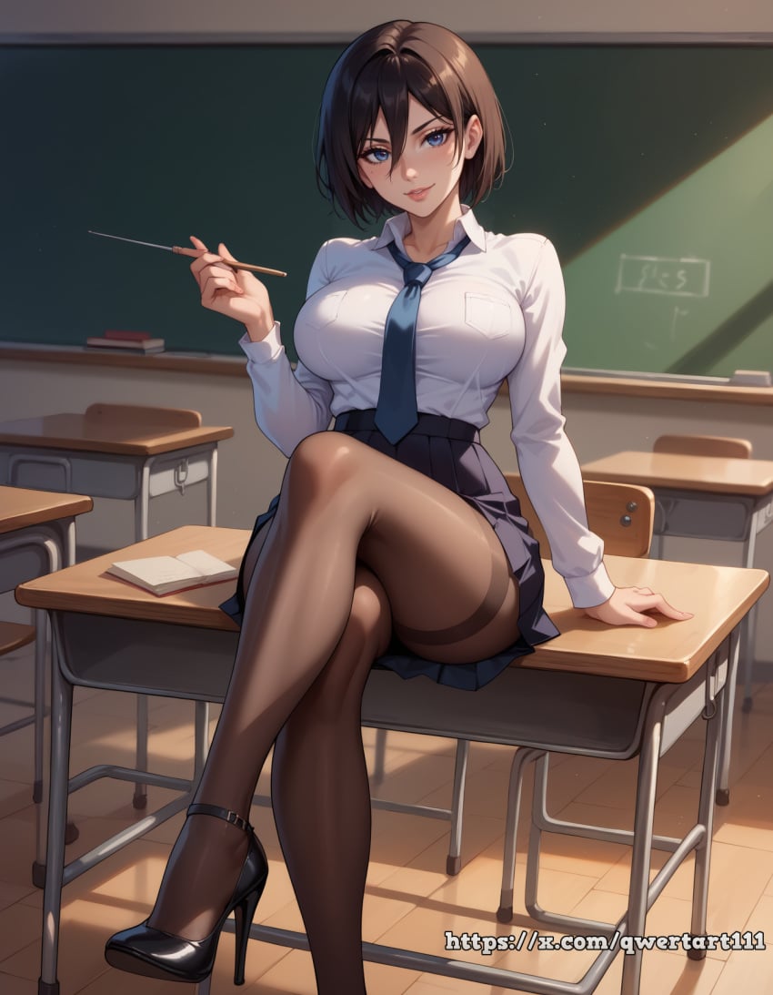 ai_generated arms_behind attack_on_titan black_hair black_heels black_pantyhose black_skirt blackboard blue_eyes blue_tie blush bob_cut classroom crossed_legs curvy day desk female fit fit_female hair_between_eyes heels highres hourglass_figure indoors large_breasts leaning leaning_back leaning_on_object lips looking_at_viewer mikasa_ackerman on_desk pantyhose pleated_skirt pointer qwertart school school_uniform schoolgirl sitting_on_desk slim smile solo sunlight tagme teeth tie white_shirt wide_hips