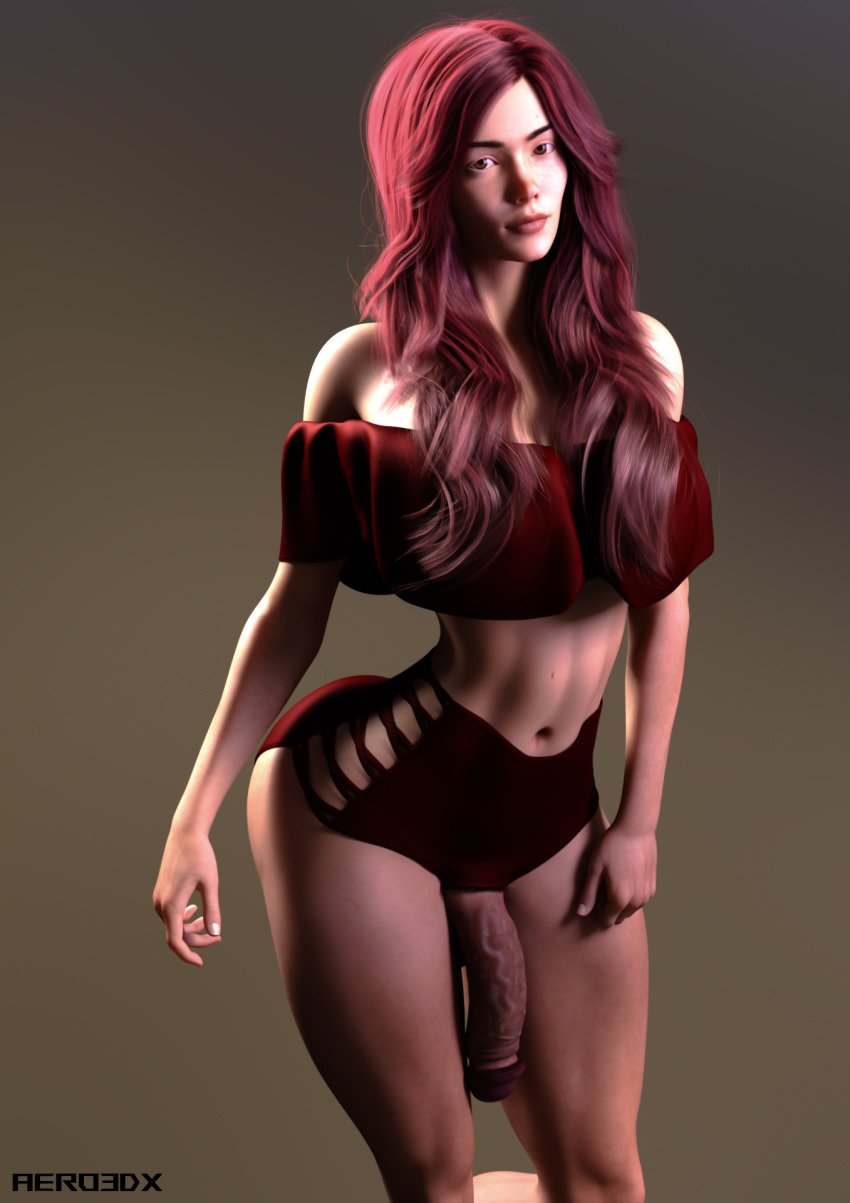 1futa 3d aero3dx clothed dickgirl flaccid futa_only futanari intersex long_hair looking_at_viewer midriff mirage3dx penis penis_out red_hair slim standing veiny_penis watermark wide_hips