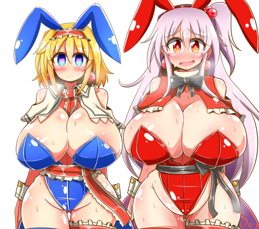 2girls alice_margatroid blonde_hair blue_bunnysuit blue_eyes breasts_bigger_than_head bunny_ears bunny_girl bunnysuit earrings hairband heart-shaped_pupils huge_breasts hypnosis hypnotic_accessory mind_control mother_and_daughter open_mouth red_bunnysuit red_eyes red_hairband rindou_(p41neko) scared shinki shinki_(touhou) silver_hair tears touhou touhou_(pc-98) worried