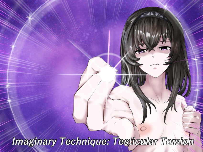 1girls 2024 3_iq_tuna arknights black_hair collarbone hi_res imaginary_technique jujutsu_kaisen light-skinned_female light_skin looking_at_viewer medium_breasts meme naked naked_female nude nude_female priestess_(arknights) purple_eyes shitpost solo testicular_torsion upper_body