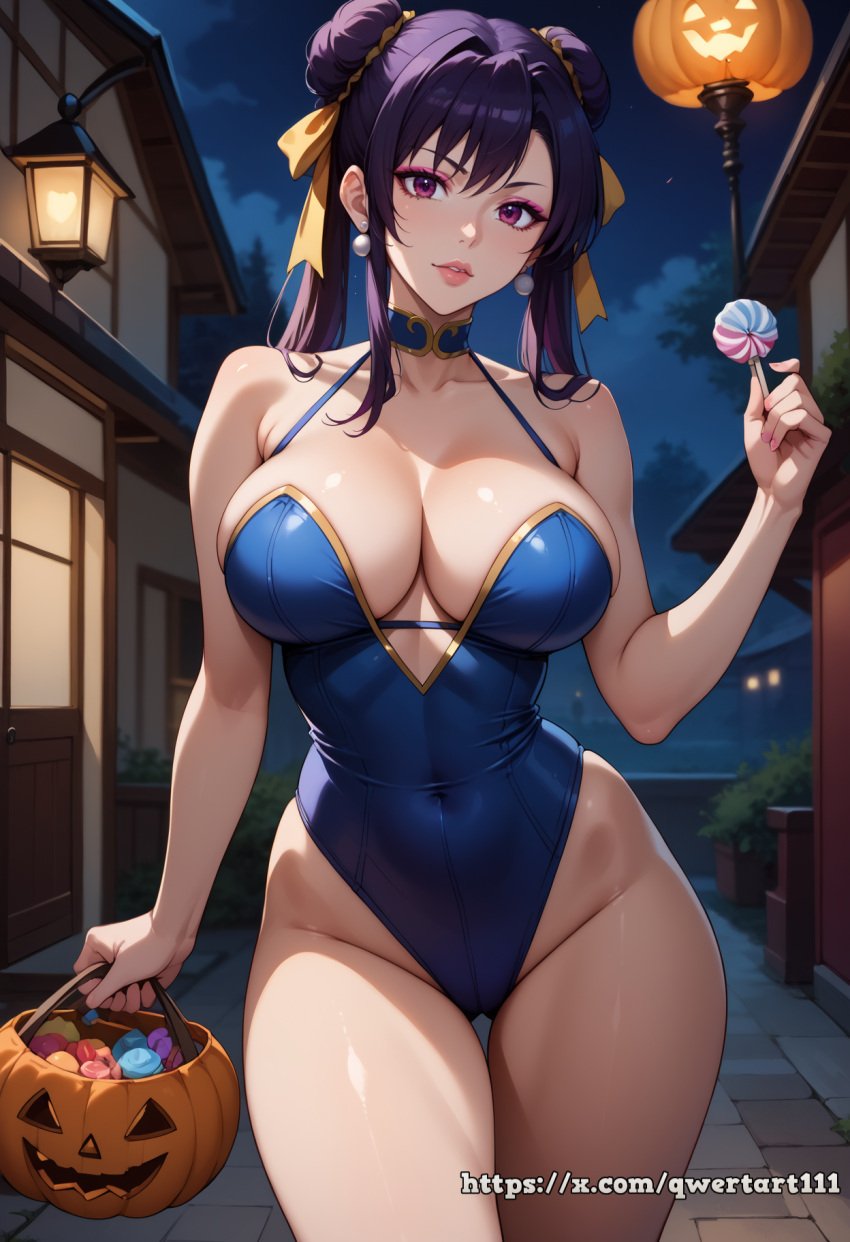 ai_generated akeno_himejima alley bare_thighs big_breasts blue_dress candy candy_bag chun-li chun-li_(cosplay) cleavage cosplay curvy eyeshadow female fit fit_female hair_ribbon halloween halloween_costume high_school_dxd highres hourglass_figure large_breasts lollipop looking_at_viewer narrow_waist night outdoors pink_eyeshadow pumpkin purple_eyes purple_hair qwertart shiny_skin slim slim_waist solo street_fighter tagme wide_hips wristband