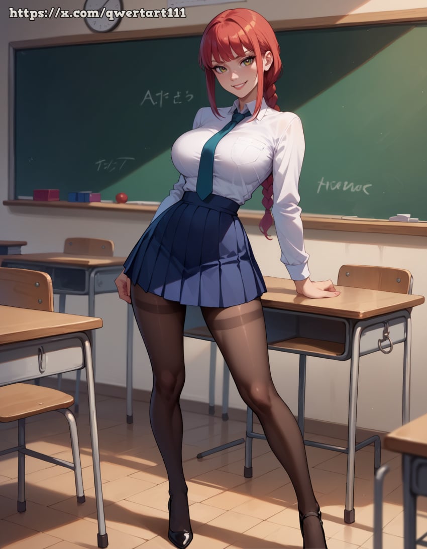 ai_generated bangs black_heels black_pantyhose blackboard blue_skirt blue_tie chainsaw_man classroom curvy desk female fit fit_female heels highres hourglass_figure indoors large_breasts lips looking_at_viewer makima_(chainsaw_man) narrow_waist pantyhose pleated_skirt posing posing_for_the_viewer qwertart red_hair school school_uniform schoolgirl shirt slim slim_waist smile solo standing tagme teeth tie white_shirt wide_hips