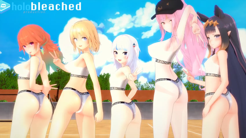 3d 5girls animal_ears ass baseball_cap black_hair bleached bleached_clothing blonde_hair blue_eyes breasts female female_only gawr_gura hat hololive hololive_english koikatsu large_breasts long_hair looking_at_viewer mori_calliope multiple_girls ninomae_ina&#039;nis orange_hair pink_eyes pink_hair pointy_ears ponytail short_hair small_breasts smile takanashi_kiara tongue_out v virtual_youtuber watson_amelia white_bra white_hair white_panties