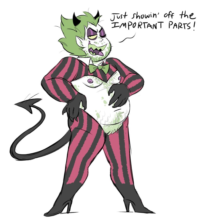 beetlebitties3 beetlejuice beetlejuice_(character) bush bushy_pubes fat fat_man green_hair green_skin male male_only reverse_bunnysuit sharp_teeth thigh_highs thighhighs toony