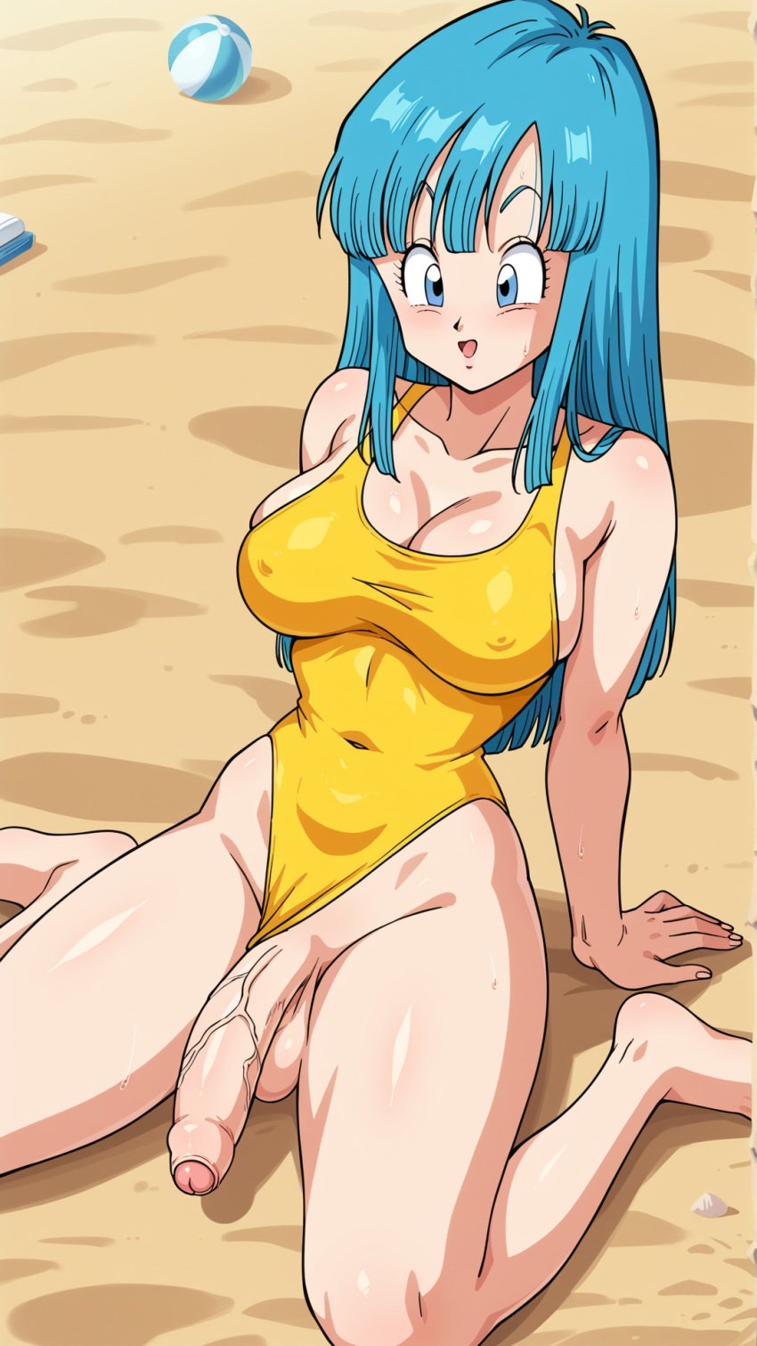 ai_generated aqua_hair beach big_penis blue_eyes dragon_ball dragon_ball_z flaccid foreskin futa_only futanari large_breasts maron solo_futa swimsuit