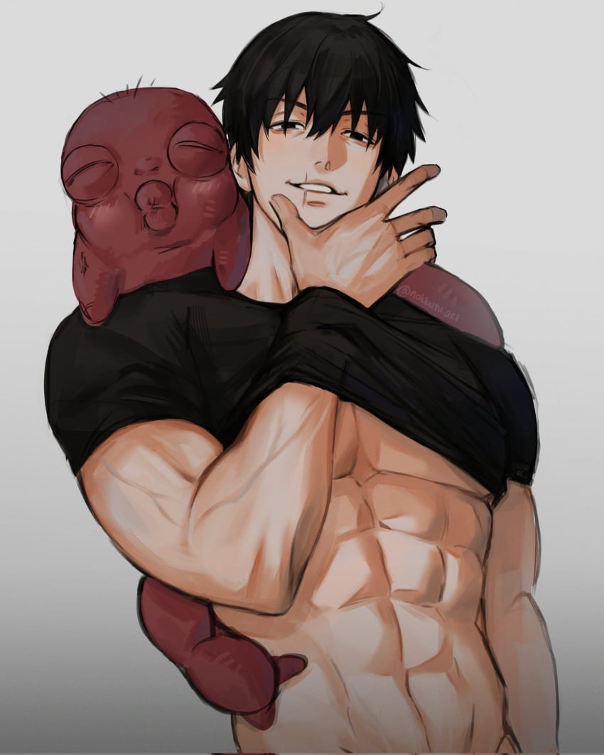 1boy abs black_hair black_shirt exposed_chest exposed_torso fanservice hand_under_shirt jujutsu_kaisen male male_focus male_only muscular muscular_male nokkusuart scar scar_across_mouth shirt_lift shirt_up solo_male toji_fushiguro