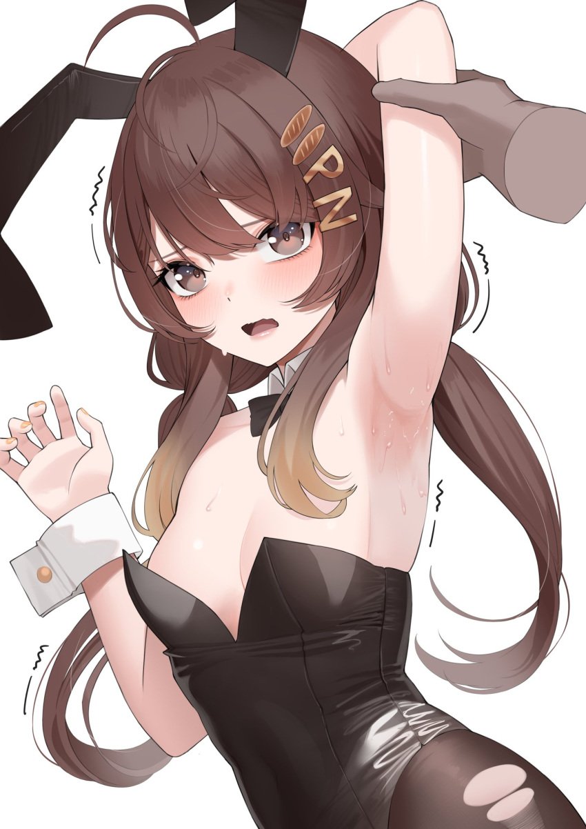 1girls ahoge arm_behind_head arm_grab armpit bare_armpit brown_eyes brown_hair bunny_ears bunnysuit detached_collar detached_sleeves disembodied_hand exposed_armpit grabbing grabbing_arm hair_ornament hair_over_shoulder hair_over_shoulders hairclip hi_res highres indie_virtual_youtuber light_blush looking_at_viewer one_arm_behind_head one_arm_up pan_the_bread ripped_pantyhose scared small_breasts sweat sweating sweaty sweaty_armpit trembling twintails vaughnilla virtual_youtuber white_background