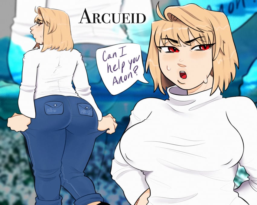 ahoge alternate_breast_size alternate_version_available arcueid_brunestud ass big_ass big_breasts big_lips blush breasts breasts_bigger_than_head bubble_butt color curvy dialogue english_text healfrfr huge_ass huge_boobs huge_breasts jeans large_ass large_boobs large_breasts melty_blood presenting_hindquarters short_hair skirt sweatdrop sweater sweating sweaty thick_ass thick_lips tsukihime turtleneck_sweater vampire vampire_girl