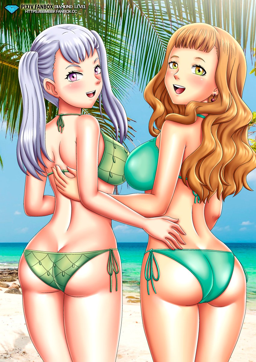 2girls ass bbmbbf beach black_clover blush bra breasts female female_only looking_at_viewer mimosa_vermillion noelle_silva open_mouth palcomix pietros_secret_club teeth tongue underwear