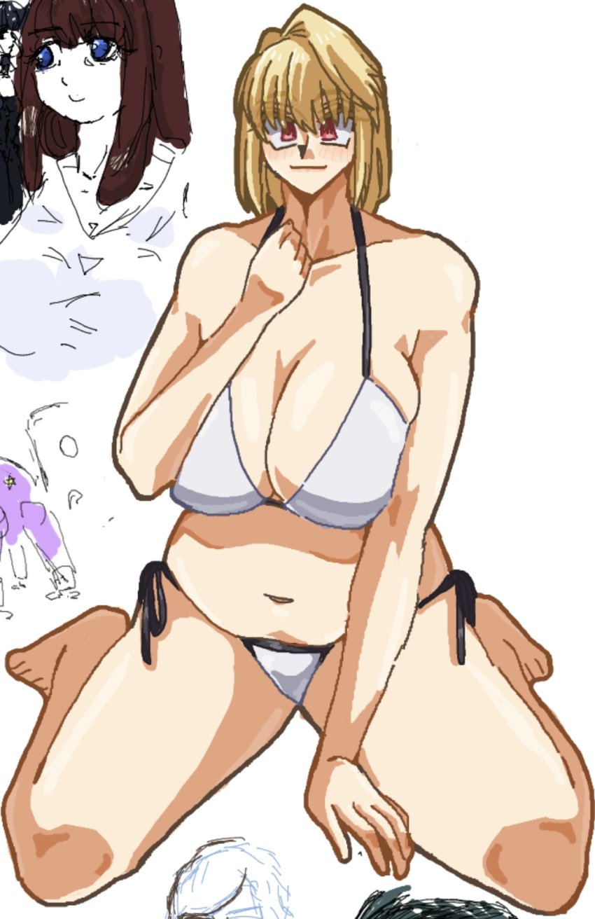 alternate_costume arcueid_brunestud bad_anatomy belly big_breasts bikini blonde_hair blush breasts chubby chubby_female curvy doodle female hips huge_breasts large_breasts looking_at_viewer lying_on_ground maharirisu7318 mature_body mature_female navel plump posing red_eyes resting short_hair sketch small_head smile solo swimsuit swimsuit_bottom swimsuit_top thick_thighs tsukihime tummy vampire vampire_girl wide wide_hips