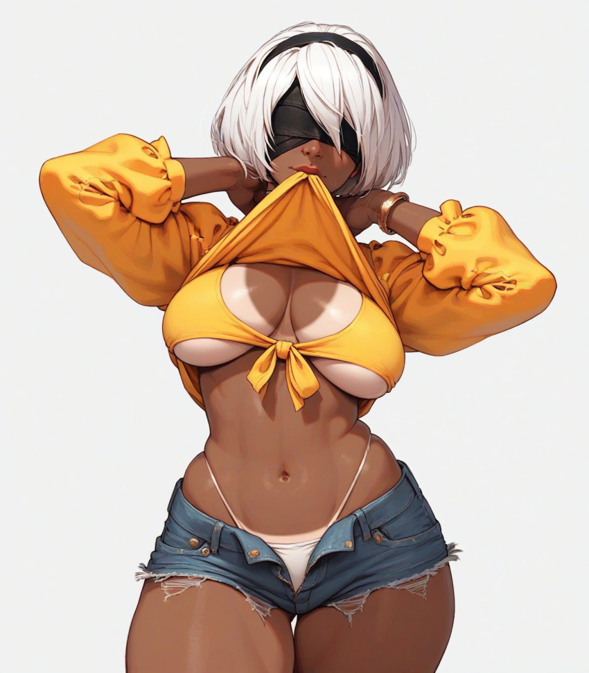 ai_generated brazilian_miku_(cosplay) cleavage denim_shorts massive_breasts nier:_automata saucy_trove shirt_in_mouth shorts stable_diffusion tagme tan_body tan_skin tanlines tied_shirt white_hair yorha_2b