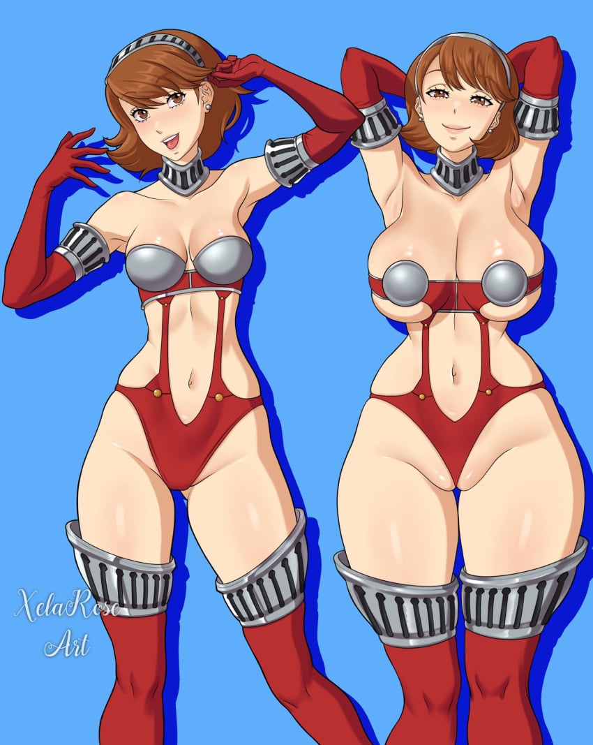 1girls alternate_breast_size armwear atlus big_breasts bikini_armor breasts brown_eyes brown_hair cameltoe cleavage ear_piercing earrings female female_only gloves hair hands_behind_head headwear hips huge_breasts legwear lips medium_breasts neckwear persona persona_3 red_gloves short_hair skimpy skimpy_armor skimpy_clothes solo solo_female thick_thighs thighs wide_hips xelaroseart yukari_takeba