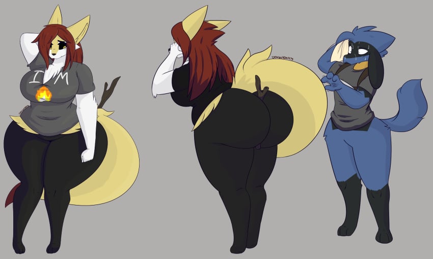 absurd_res anthro ass between_cheeks big_ass big_breasts big_butt blush bottomless braixen breasts bubble_butt canid canine clothed clothing dew_(dewwydarts) dewwy(dewwydartz) dewwydarts dewwydartz digitigrade duo female furry game_freak generation_4_pokemon generation_6_pokemon grey_background hi_res huge_ass huge_breasts huge_butt huge_hips maddie(dewwydartz) maddie_(dewwydarts) male mammal multiple_angles nintendo on_lap pokémon_(species) pokemon pokemon_(species) riolu shirt stick tagme text_on_clothing text_on_shirt text_on_topwear thick_thighs topwear wide_hips