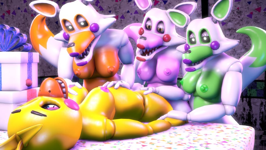 3d 4k animatronic bedroom_eyes bird_girl bitd black_eyes blue_eyes disboi215 eyes_open fingering five_nights_at_freddy's five_nights_at_freddy's:_sister_location five_nights_at_freddy's_2 five_nights_at_freddy's_world fnaf fnaf_world foursome fox fox_ears fox_girl fox_tail gift_box glowing_eyes green_body green_nipples hand_on_breast hand_on_hand hand_on_leg hand_on_stomach highres horny_eyes laying_on_table lipstick lolbit_(fnaf) looking_at_partner lying_on_back mangle_(fnaf) naked naked_female open_mouth orange_body orange_nipples pink_body pink_cheeks pink_nipples purple_cheeks purple_lipstick red_cheeks red_lipstick robot rosy_cheeks rubbing_pussy sfm shiny_skin source_filmmaker table tangle_(fnaf) toy_chica_(fnaf) white_body white_eyes yellow_body yellow_eyes