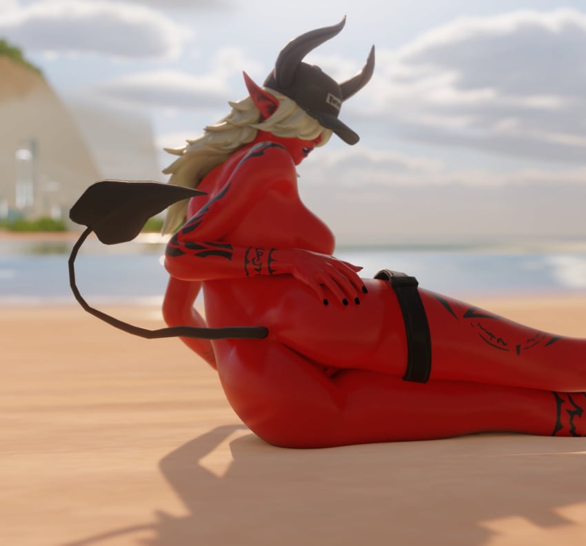 anus ass ass_focus beach big_ass breasts completely_nude completely_nude_female demon demon_girl demon_horns demon_tail desdemona_(fortnite) female female_only fortnite hair_over_one_eye hand_on_ass hat hat_only kfc_(artist) laying_down laying_on_ground laying_on_side leg_band looking_back looking_back_at_viewer nude nude_female oil oily oily_skin open_mouth open_mouth public public_nudity pussy shiny shiny_skin solo solo_female tattoo tattoos