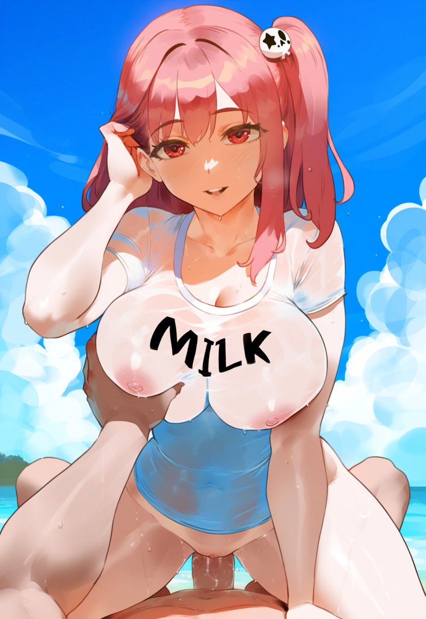 1boy 1girls ai_generated beach big_breasts breast_grab clothes_writing cowgirl_position dead_or_alive grabbing_another's_breast honoka_(doa) large_breasts looking_pleasured outdoor_sex outdoors pov see-through_clothing sex tittyg-ai vaginal_penetration wet_clothes