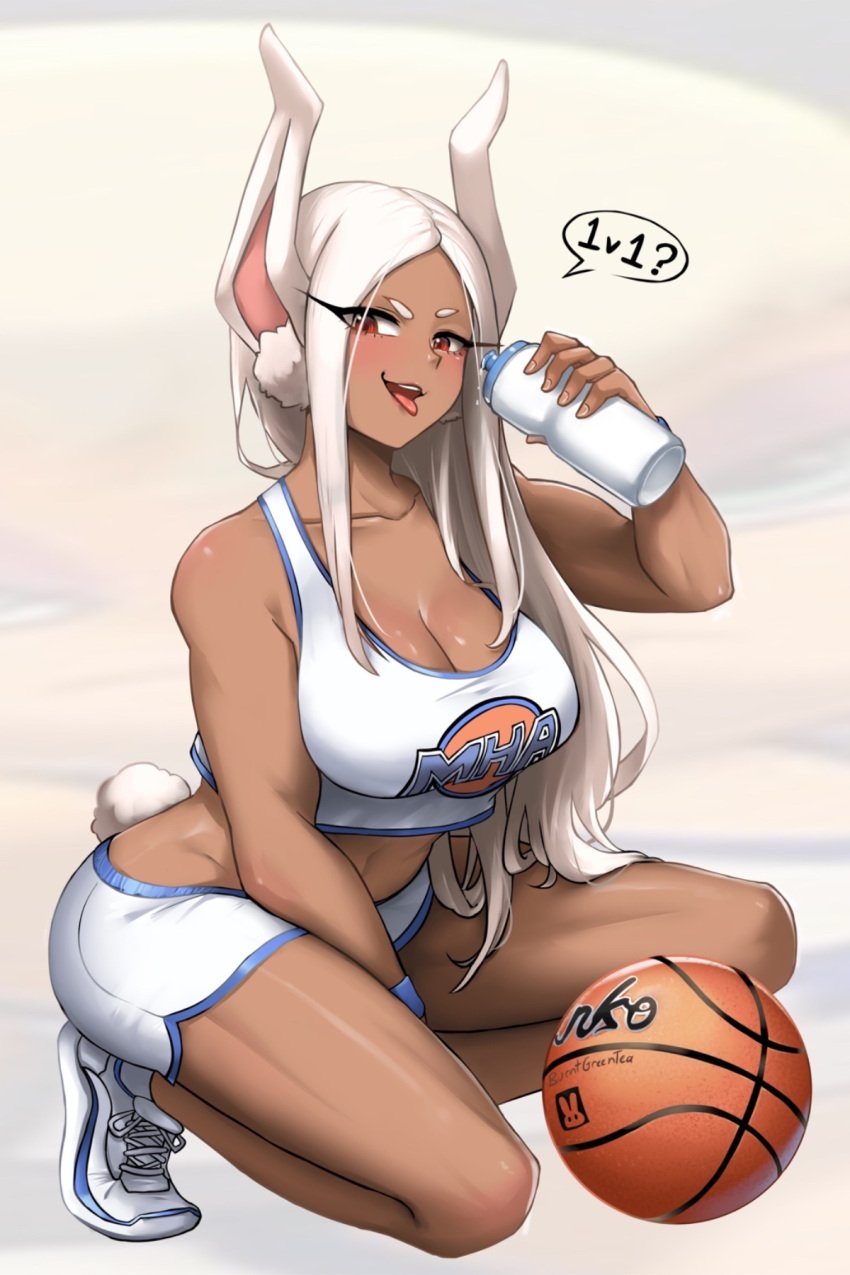 1girls basketball basketball_uniform big_breasts breasts bunny_tail burnt_green_tea cleavage dark-skinned_female dark_skin eyeshadow female female_only high_resolution holding holding_object large_breasts legs lola_bunny_(cosplay) long_hair looking_at_viewer miruko my_hero_academia pinup rumi_usagiyama shirt smile solo tail thick_thighs thighs very_high_resolution very_long_hair white_hair white_shirt