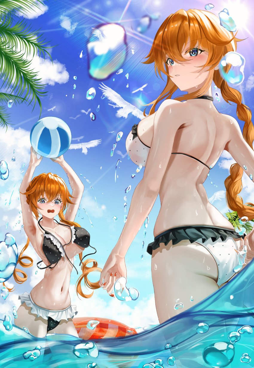 2d 2d_(artwork) ass beach_ball big_ass big_breasts bikini blush breasts date_a_live female_only grey_eyes light-skinned_female long_hair looking_at_viewer orange_hair sea thighs twins yamai_kaguya yamai_yuzuru