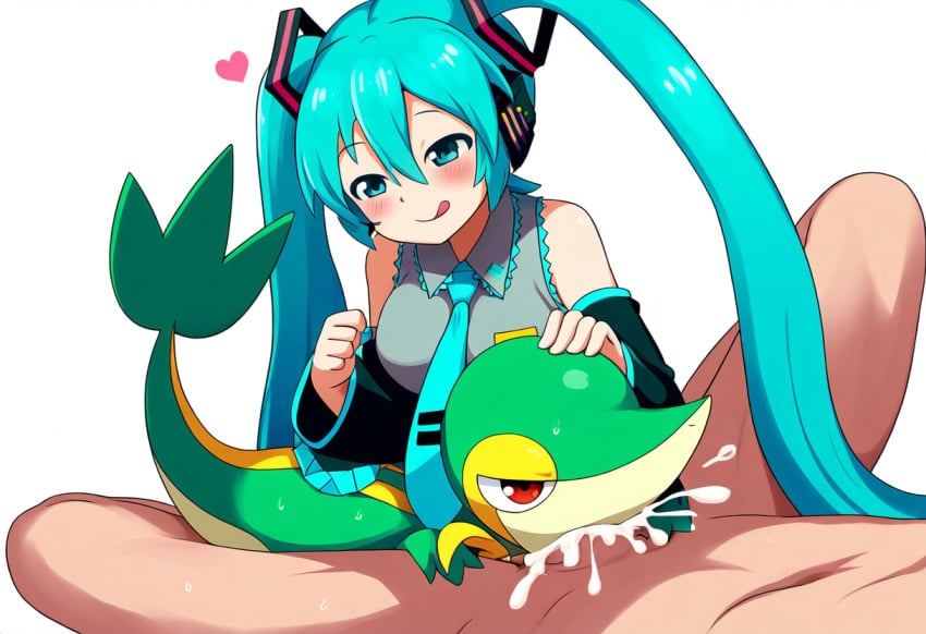 ai_generated ambiguous_gender ambiguous_on_human blush bodily_fluids clothing cum cum_in_mouth cum_inside duo erection fellatio female female_penetrated feral feral_penetrated generation_5_pokemon genital_fluids genitals green_body gynomorph/ambiguous hair hatsune_miku heart hellsonger hi_res human human_on_anthro human_on_feral human_penetrating interspecies larger_human licking long_hair male male/female male_on_feral male_penetrating male_penetrating_female mammal nintendo nude oral oral_penetration orgasm penetration penile penis pokemon pokemon_(species) pokephilia red_eyes sex simple_background snivy tongue tongue_out white_background