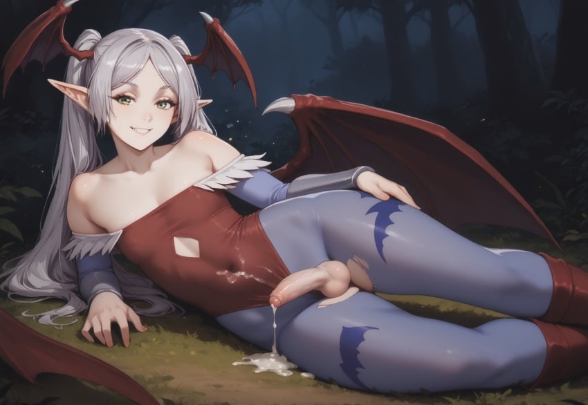 after_sex ai_generated cum cum_drip cum_on_stomach elf elf_futanari frieren frieren_beyond_journey's_end futanari jouthechou lilith_(darkstalkers)_(cosplay) on_side penis pointy_ears testicles