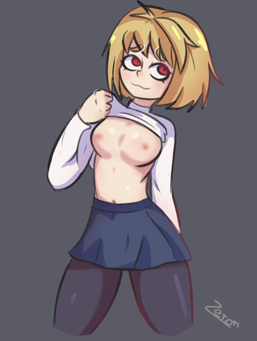 ahoge alternate_version_available arcueid_brunestud belly big_breasts blonde_hair blush breasts clothes_lift highres huge_breasts large_breasts lifting_shirt melty_blood nipples no_bra red_eyes short_hair solo stripping sweater sweater_lift tsukihime tummy turtleneck type-moon undressing vampire_girl zero_dead_zone