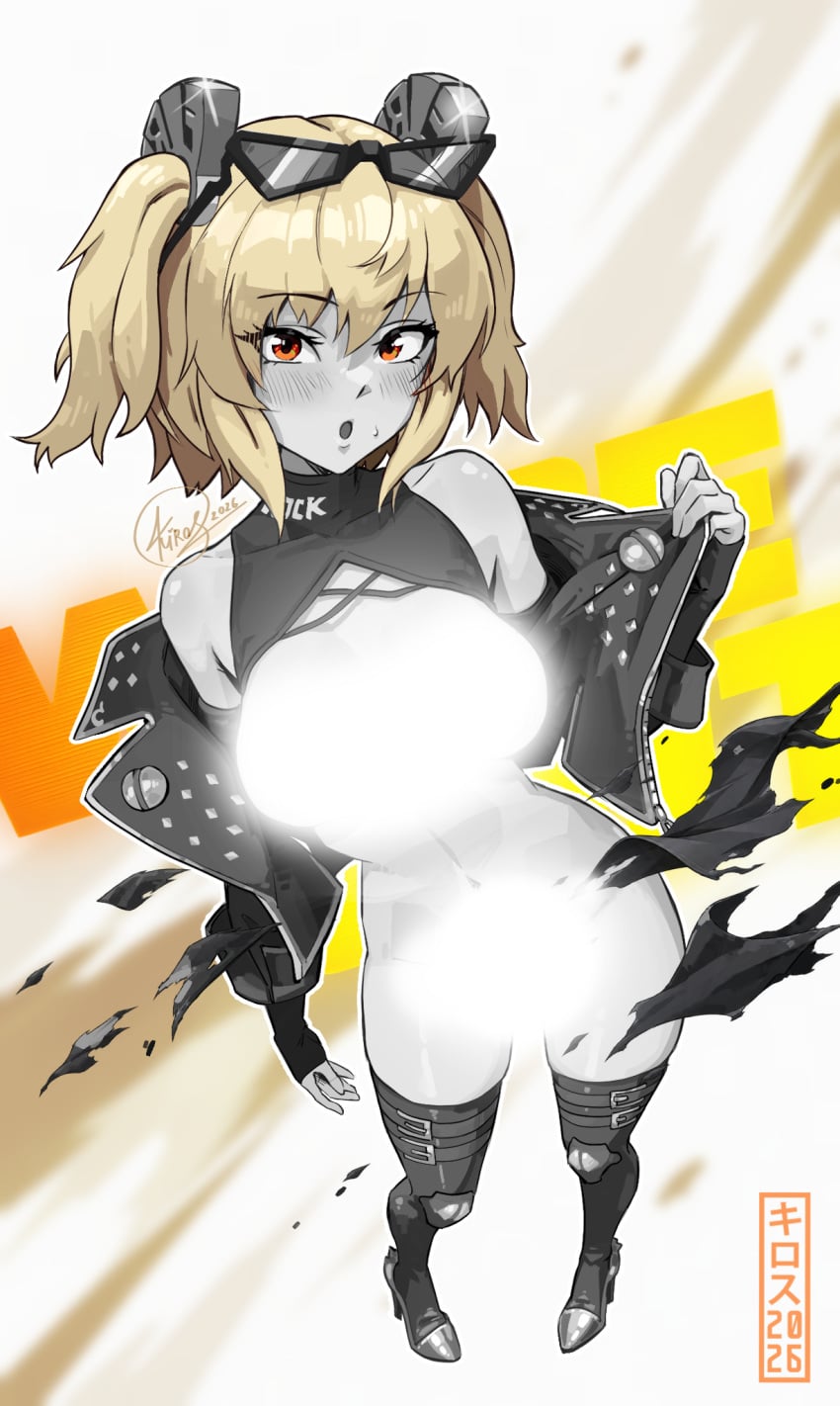 2d 2d_(artwork) black_and_white blonde_hair burnice_white kirostemple large_breasts red_eyes sfw standing zenless_zone_zero